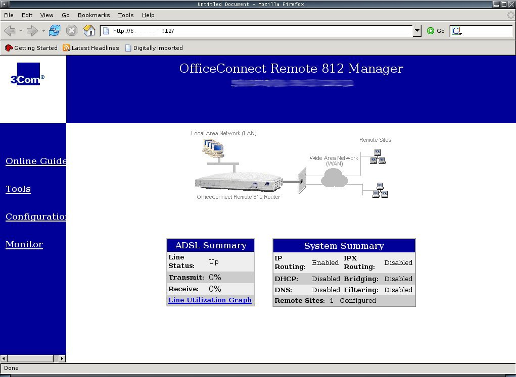 Página principal de la configuración de la configuración del 3com 812 office.